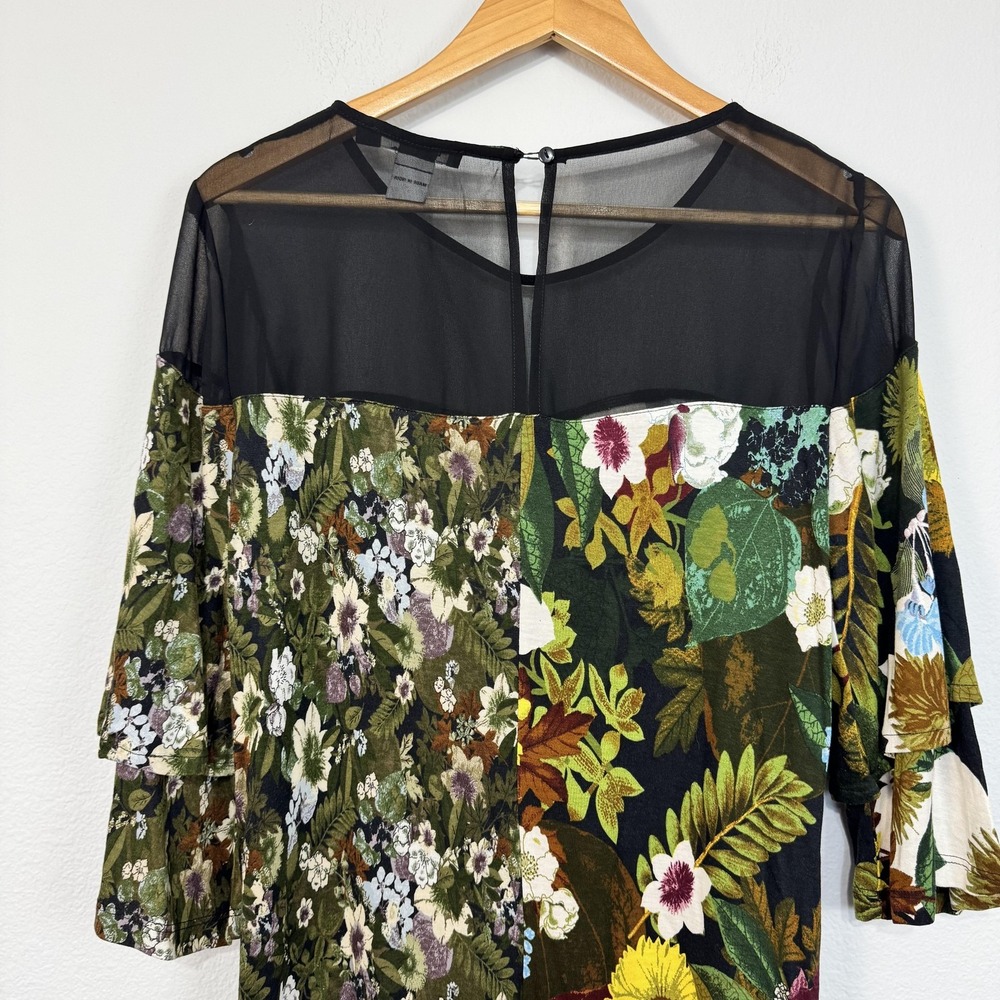 Desigual‎ Dress Womens XL Multicolor Floral Shift Mesh Bell Sleeve Knee Length - Picture 6 of 13
